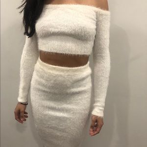 New fuzzy white off the shoulder top and skirt